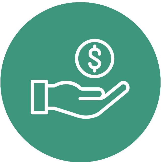 Financial support icon with a hand holding a dollar symbol on a green circular background.