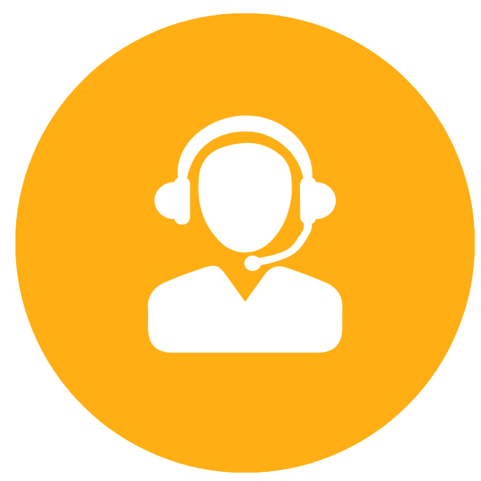 : Customer service icon featuring a person wearing a headset on a yellow circular background.